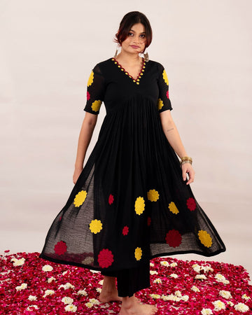 Angelwardrobe black and offwhite Kurta with embroidered floral patchwork