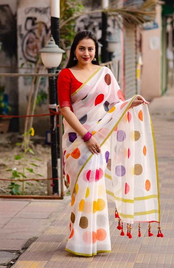 Angel Wardrobe:soft linen polka-dot printed saree for woman.