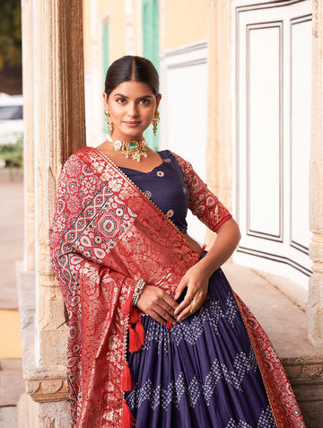 Angel Wardrobe: In the embrace of Tusser silk, adorned with Ajarakh prints, the lehenga choli becomes not just a garment, but a reflection of tradition, grace, and beauty