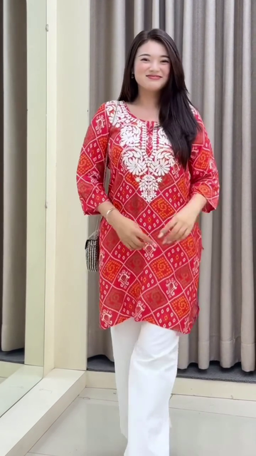 Zenny muslin bandhej printed chikankari short kurti