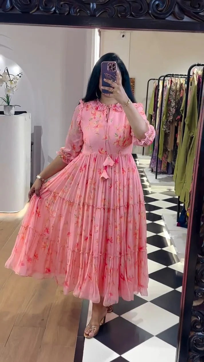 presenting pink colour floral gown for women