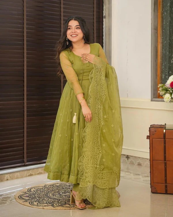 Hailey anarkali style embroderied organza suit set
